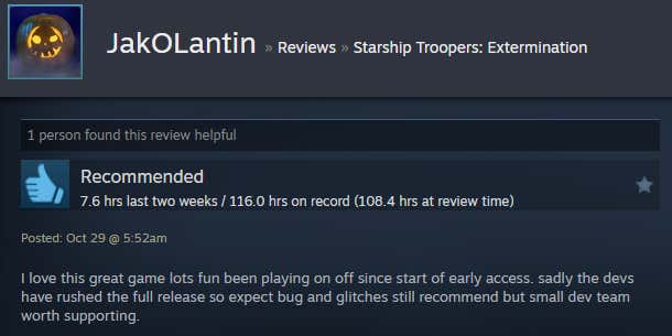 Image of an article titled Starship Troopers: Extinction from a Steam review